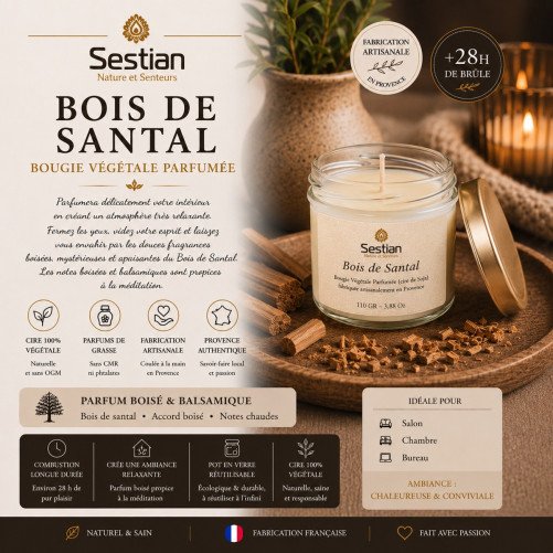 Bougie naturelle parfumée Bois de Santal 110 Gr