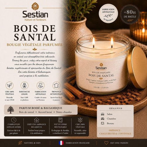 Bougie végétale parfumée Bois de Santal XL – 370g – 2 mèches