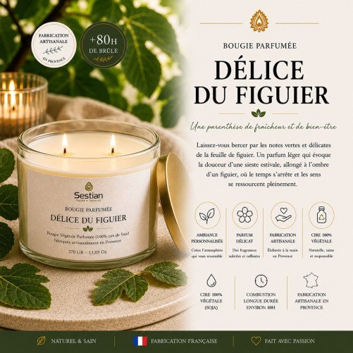 Bougie végétale parfumée Délice du Figuier XL – 370g – 2 mèches
