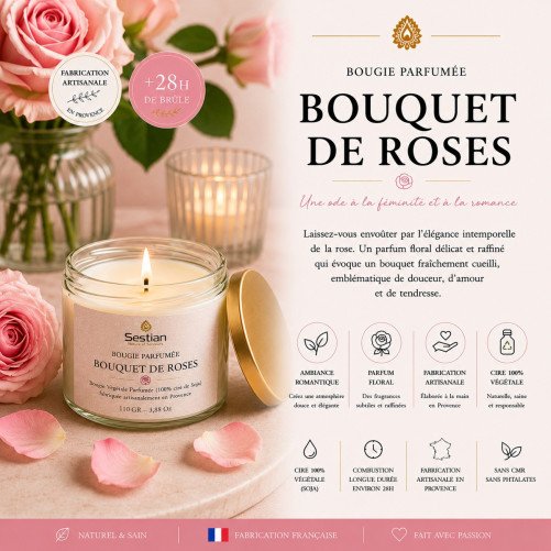 Bougie végétale parfumée Bouquet de Roses 110g – Florale et romantique