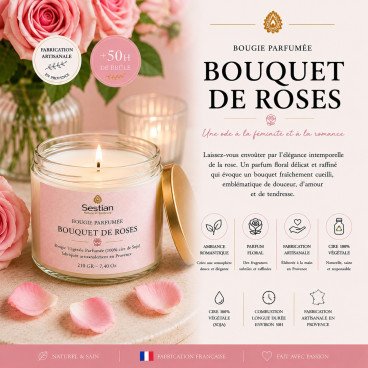 Bougie végétale parfumée Bouquet de Roses 210g – Élégante et raffinée