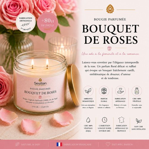 Bougie végétale parfumée Bouquet de Roses XL – 370g – 2 mèches