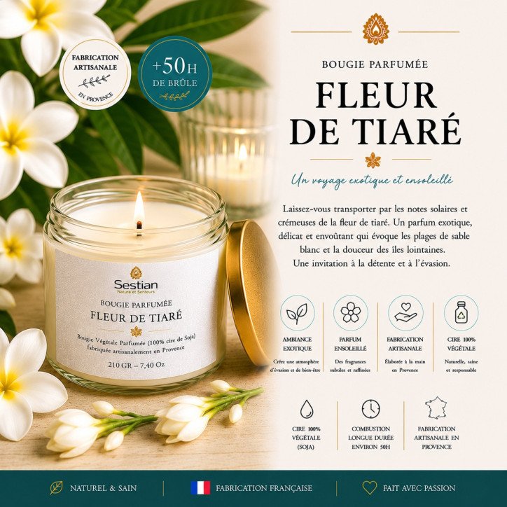 Bougie naturelle parfumée Fleur de Tiaré 210 Gr