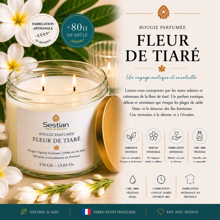 Bougie végétale parfumée Fleur de Tiaré XL – 370g – 2 mèches