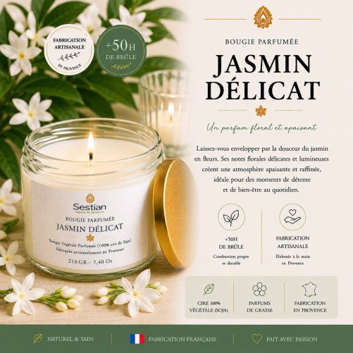 Bougie végétale parfumée Jasmin Délicat 210g – Élégante et relaxante