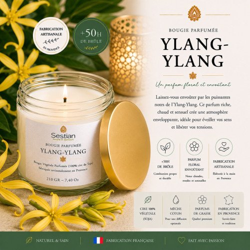 Bougie végétale parfumée Ylang-Ylang 210g – Chaleureuse et envoûtante