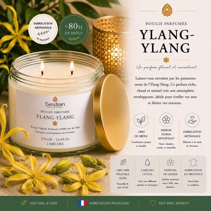 Bougie végétale parfumée Ylang-Ylang XL – 370g – 2 mèches