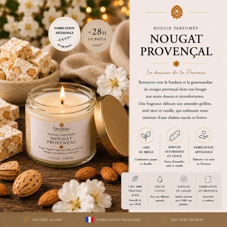 Bougie végétale parfumée Nougat Provençal 110g – Gourmande et réconfortante