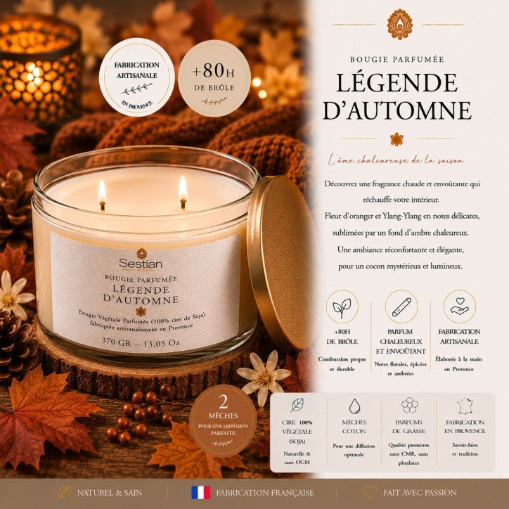 Bougie végétale parfumée Légende d’Automne XL – 370g – 2 mèches