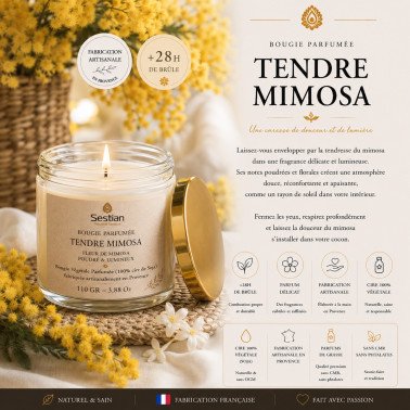 Bougie végétale parfumée Tendre Mimosa 110g – Fleur de Mimosa poudrée & lumineuse
