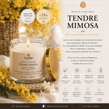 Bougie végétale parfumée Tendre Mimosa 110g – Fleur de Mimosa poudrée & lumineuse