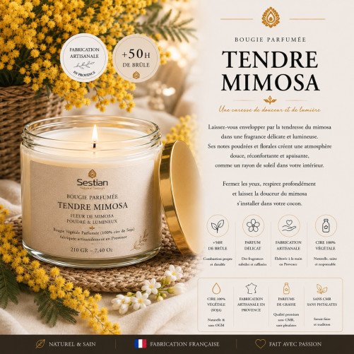 Bougie végétale parfumée Tendre Mimosa 210g – Douceur florale et lumineuse