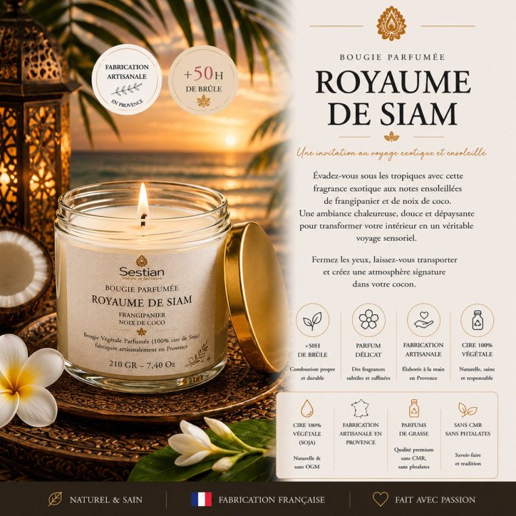 Bougie végétale parfumée Royaume de Siam 210g – Évasion tropicale et solaire