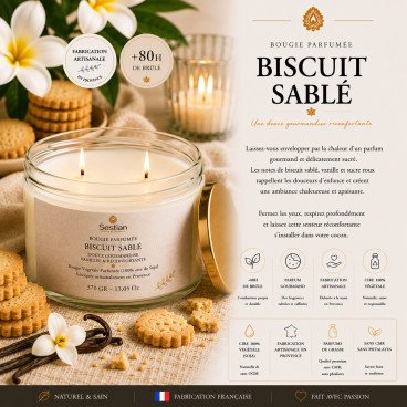 Bougie végétale parfumée Biscuit Sablé XL – 370g – 2 mèches
