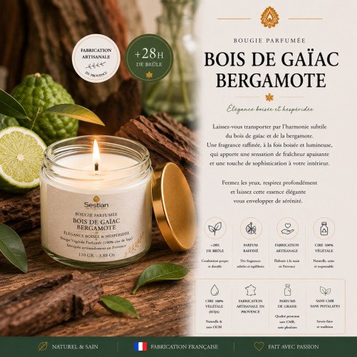 Bougie végétale parfumée Bois de Gaïac Bergamote 110g – Élégance boisée & hespéridée