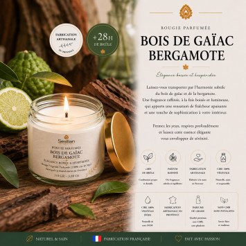 Bougie végétale parfumée Bois de Gaïac Bergamote 110g – Élégance boisée & hespéridée