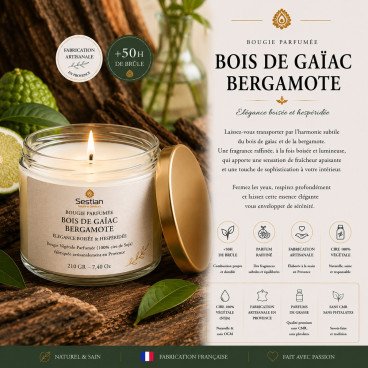 Bougie végétale parfumée Bois de Gaïac Bergamote 210g – Fraîcheur boisée & sophistiquée