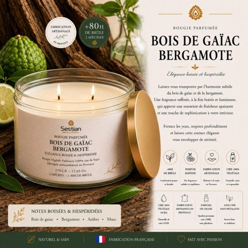 Bougie végétale parfumée Bois de Gaïac Bergamote XL – 370g – 2 mèches