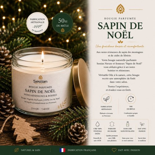 Bougie végétale parfumée Sapin de Noël 210g – Fraîcheur boisée & ambiance chalet