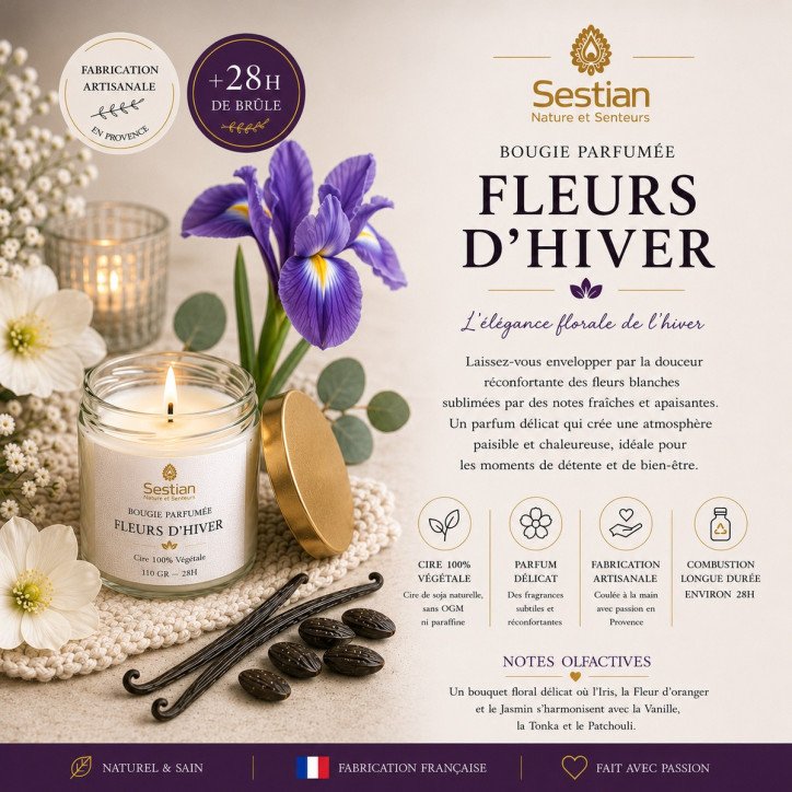 Bougie végétale parfumée Fleurs d’Hiver – 110g – Florale et Poudrée