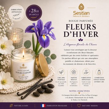 Bougie végétale parfumée Fleurs d’Hiver – 110g – Florale et Poudrée
