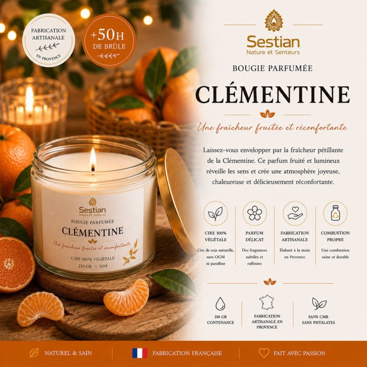 Bougie végétale parfumée Clémentine – 210g – Fruitée et pétillante