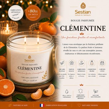 Bougie XL végétale parfumée Clémentine – 370g – 2 mèches