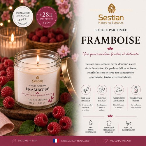 Bougie végétale parfumée Framboise – 110g – Fruitée et chaleureuse