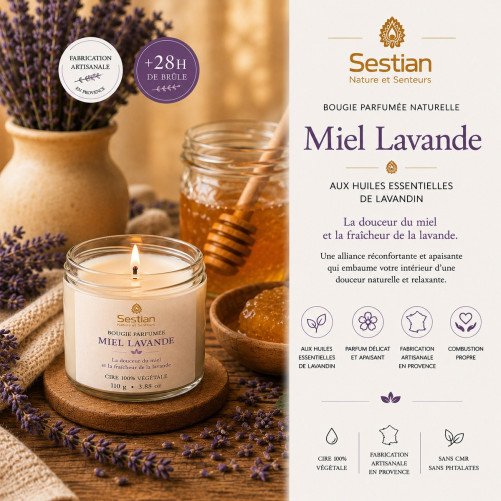Bougie végétale parfumée Miel Lavande – 110g – Apaisante