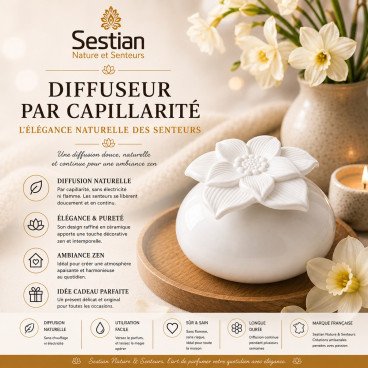 Diffuseur par capillarité Narcisse en céramique blanche Sestian Nature & Senteurs ambiance zen premium