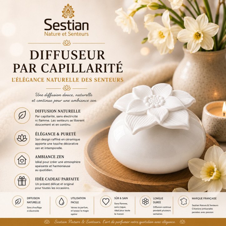 Diffuseur par capillarité Narcisse en céramique blanche Sestian Nature & Senteurs ambiance zen premium