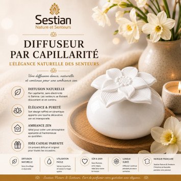 Diffuseur par capillarité Narcisse en céramique blanche Sestian Nature & Senteurs ambiance zen premium