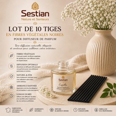 Lot de 10 tiges en fibres végétales noires pour diffuseur de parfum Sestian Nature & Senteurs ambiance zen premium