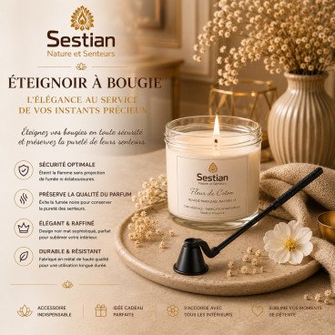 Éteignoir à bougie noir premium Sestian Nature & Senteurs avec bougie parfumée ambiance élégante et raffinée