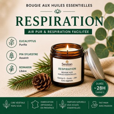 Bougie parfumée aux huiles essentielles Respiration – Eucalyptus, pin sylvestre et romarin – Sestian Nature et Senteurs