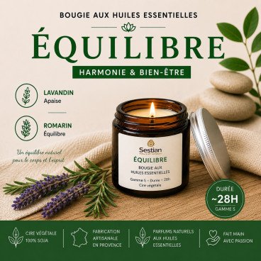 Bougie parfumée aux huiles essentielles Équilibre – Lavandin et romarin – Sestian Nature et Senteurs