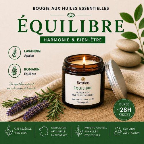 Bougie parfumée aux huiles essentielles Équilibre – Lavandin et romarin – Sestian Nature et Senteurs