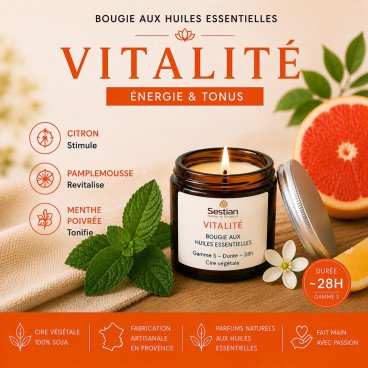 Bougie parfumée aux huiles essentielles Vitalité – Citron, pamplemousse et menthe poivrée – Sestian Nature et Senteurs