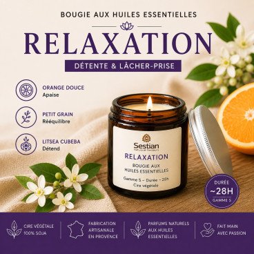 Bougie parfumée aux huiles essentielles Relaxation – Orange douce, petit grain et litséa cubeba – Sestian Nature et Senteurs