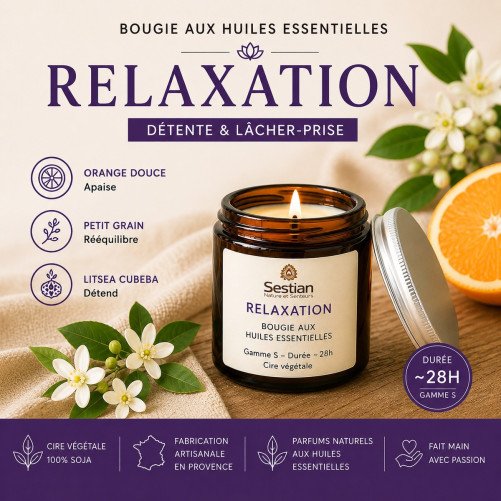 Bougie parfumée aux huiles essentielles Relaxation – Orange douce, petit grain et litséa cubeba – Sestian Nature et Senteurs