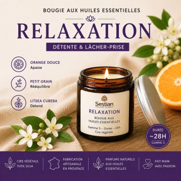 Bougie parfumée aux huiles essentielles Relaxation – Orange douce, petit grain et litséa cubeba – Sestian Nature et Senteurs