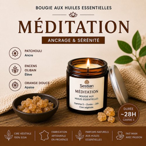 Bougie parfumée aux huiles essentielles Méditation – Patchouli, encens oliban et orange douce – Sestian Nature et Senteurs