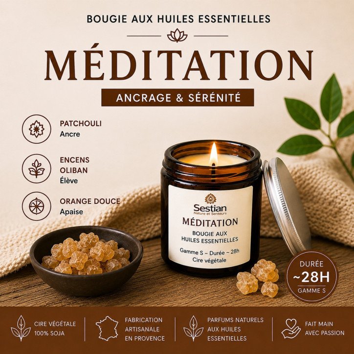 Bougie parfumée aux huiles essentielles Méditation – Patchouli, encens oliban et orange douce – Sestian Nature et Senteurs