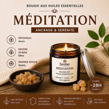 Bougie parfumée aux huiles essentielles Méditation – Patchouli, encens oliban et orange douce – Sestian Nature et Senteurs