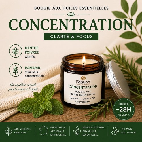 Bougie parfumée aux huiles essentielles Concentration – Menthe poivrée et romarin – Sestian Nature et Senteurs