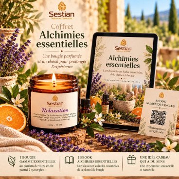 Coffret Alchimies Essentielles – Bougie parfumée artisanale et ebook numérique | Sestian Nature et Senteurs