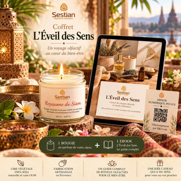 Coffret cadeau L’Éveil des Sens – Bougie parfumée artisanale au parfum de votre choix, accompagnée d’un ebook numérique.