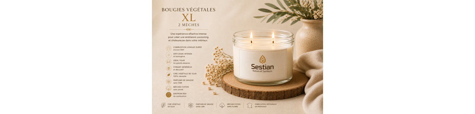Bougies XL 2 Mèches Artisanales – Sestian Nature et Senteurs